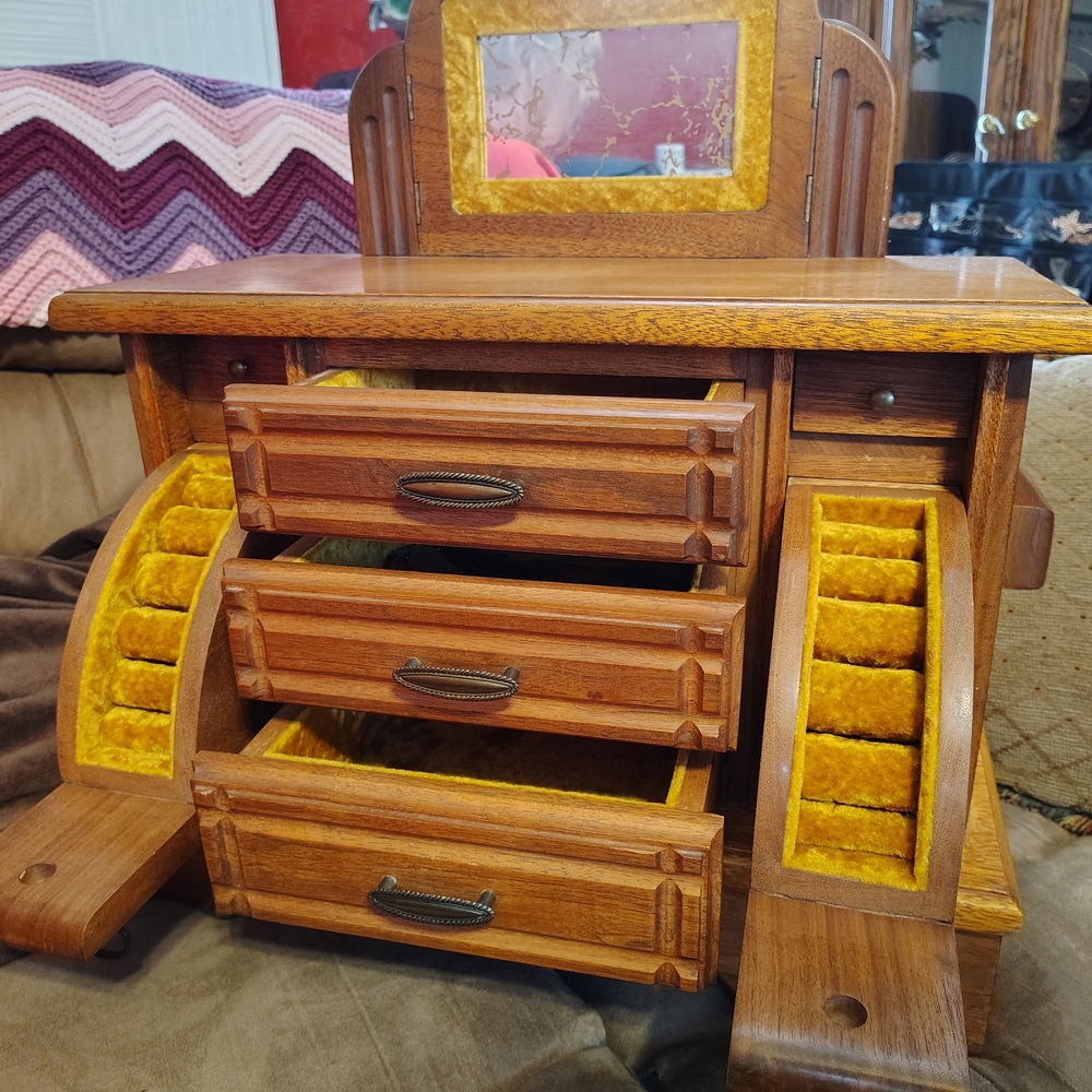 Vintage Wooden Jewelry Box with Yellow Velvet Lining